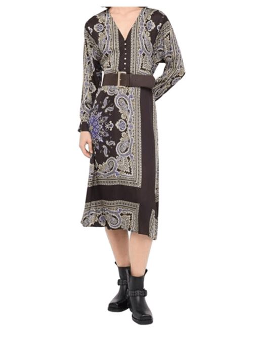 Vestito midi a manica lunga  in viscosa con cintura e stampa all-over sullo sfondo marrone. LIU JO | MF5394-TS117P9141